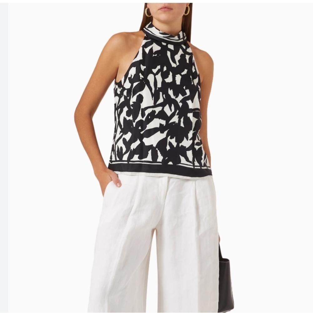 Theory Georgette Black and White Silk Printed Halter Top | M